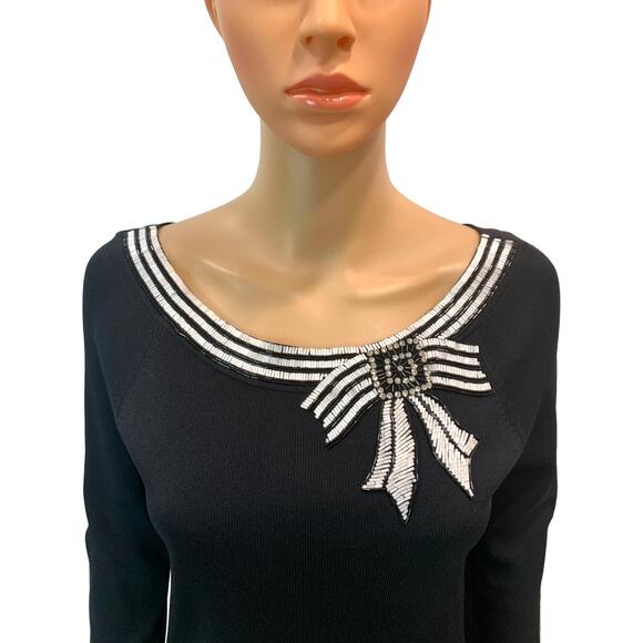 Vintage 90s Cartise Beaded Bow Sweater Black Knit Rhinestone L - Picture 1 of 9